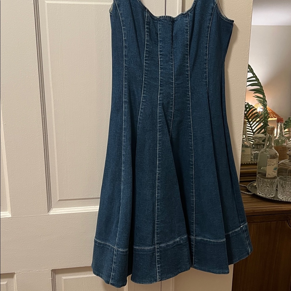 STAUD Mini Wells Dark Blue Denim Sleeveless A-Line Dress - Picture 3 of 16